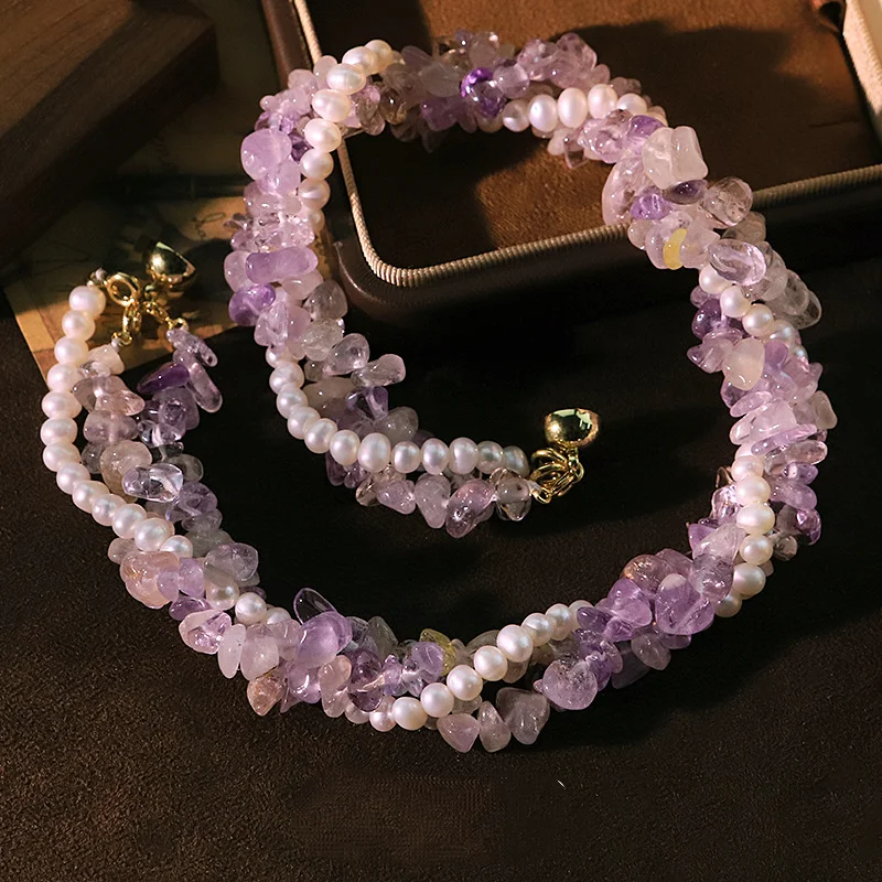 

Original Three-Layer White Amethyst Natural Pearl Necklace Versatile Luxury Collarbone Chain Choker Fashion Women Jewelry Gifts