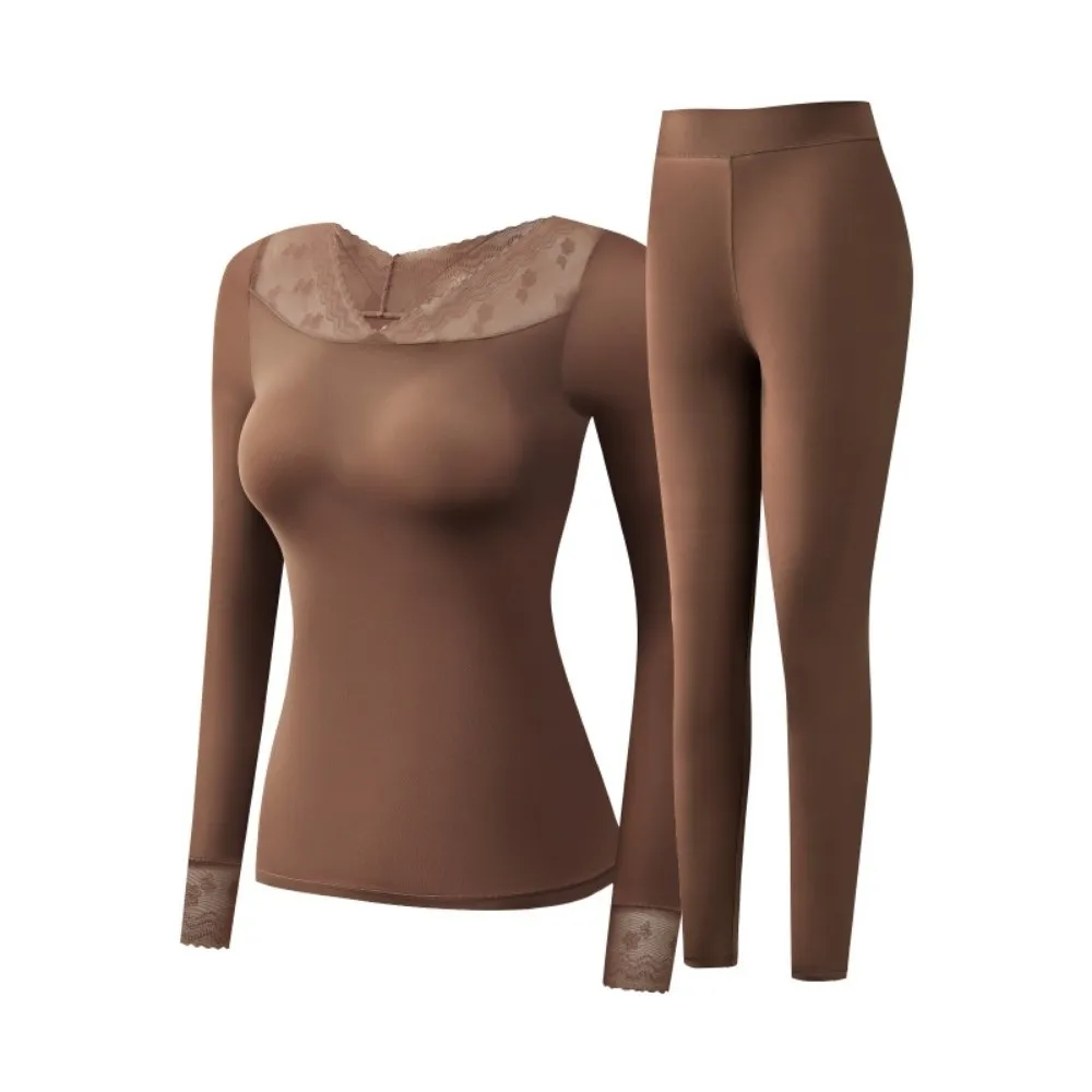 Tops and Pants Women Thermal Clothes Lace V Neck Feel Heating Thermal Underwear Large Size Ultra-thin Invisible