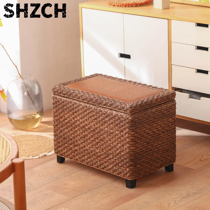 Woven Rattan Storage Bench Solid Wood Entryway Shoe Storage Ottoman Long Narrow Hallway Seat Multi-Functional Shoe Stools