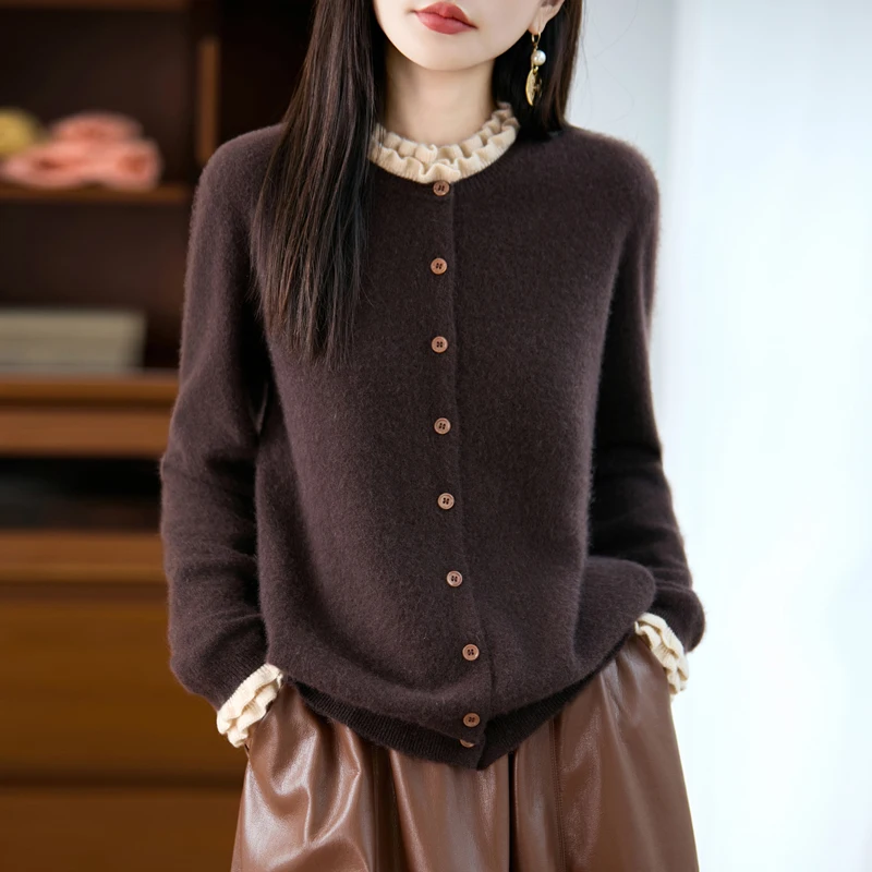 Cardigan en laine pour femme, pull froissé, doux, chaud, ample, mode, blocage des couleurs, vêtements tricotés, confortable et élégant, 2025