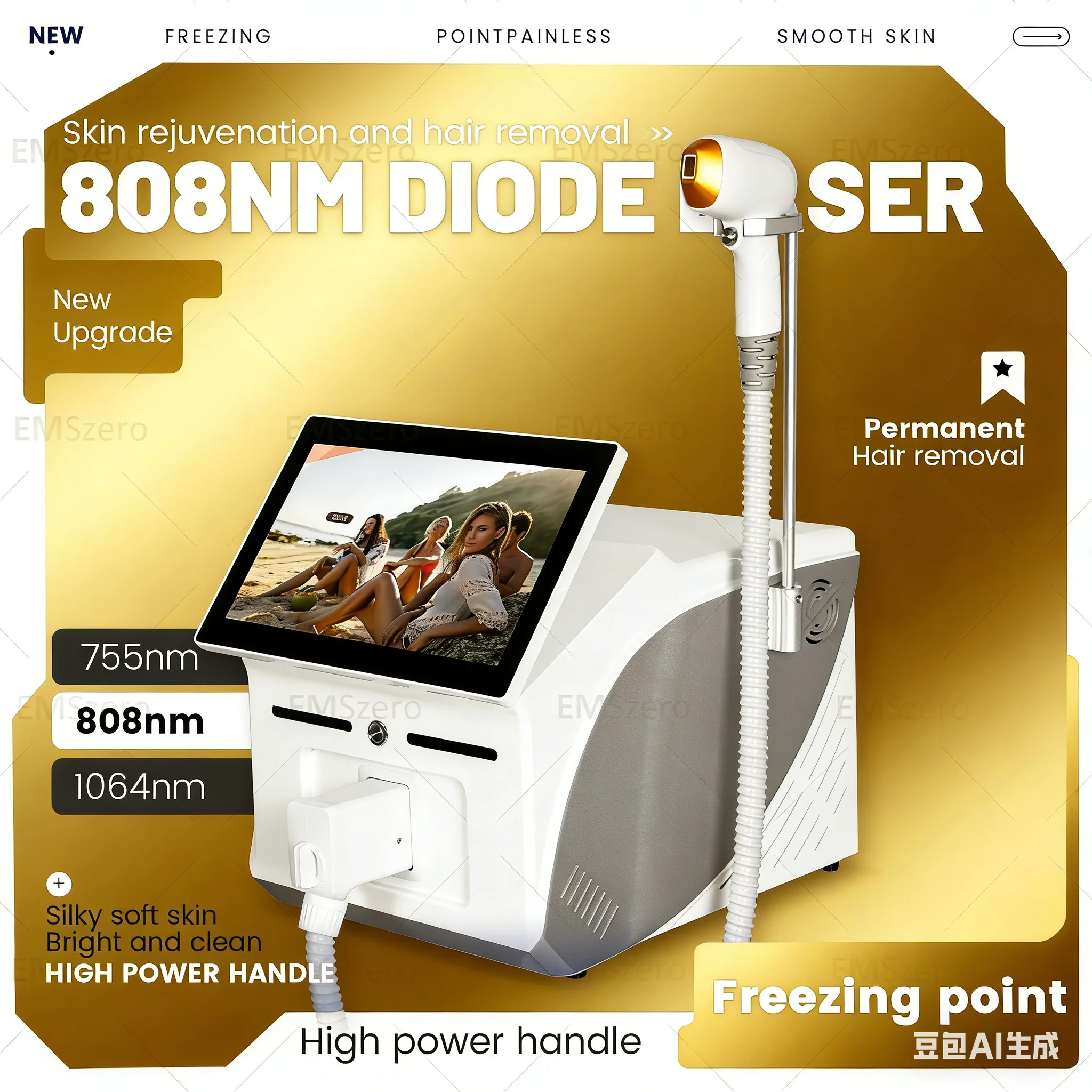 

Профессиональный лазерный аппарат для безболезненной перманентной эпиляции с охлаждением (Freezing Point), 3 длины волны 755/808/1064 нм, омоложение кожи, хит продаж