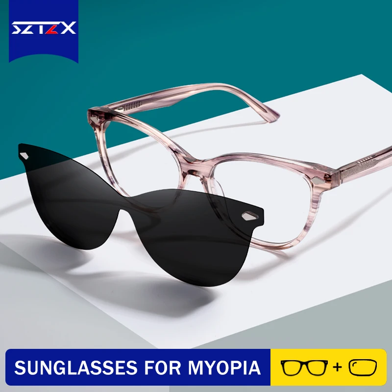 

SZTZX Magnetic Clip-On Glasses Driving Polarized Glasses Women Optical Myopia Glasses Ladies Customized Prescription Sunglasses