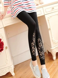 YSDNCHI Solid Color Casual Leggings Summer Women Knitted Legging Hollow Out Lace Diamond Fitness Leggings White Black Pants