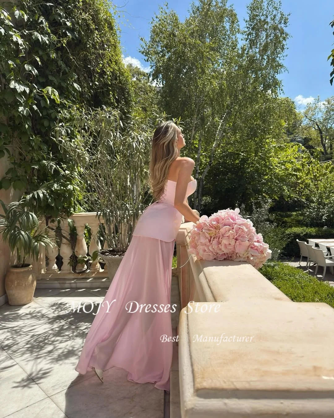 Mojy Pink Sweetheart Neck Customized Party Dresses Sleeveless Side High Split Prom Dresses Lace-Up Floor-Length Evening Dresses