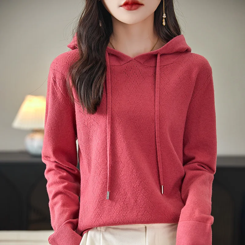 

Autumn Winter Women New Wool Blend Sweater Outwear Hooded Collar Hollow Carving Pullover Bottoming Casual Warm Knitting Tops