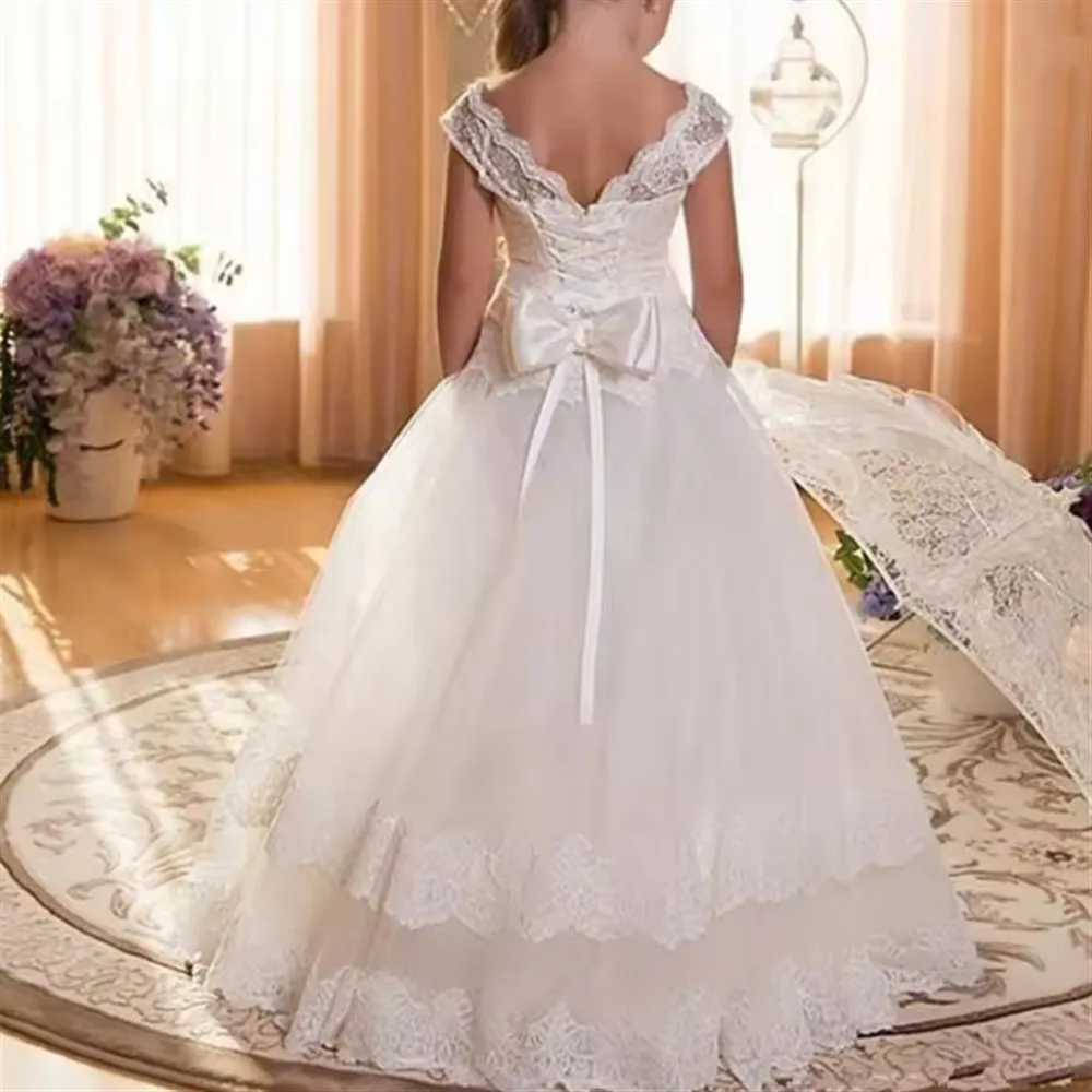 White First Communion Gown for Girls Backless Lace Appliques Bow Tulle Long Flower Gir Dresses Wedding Party Birthday Dresses