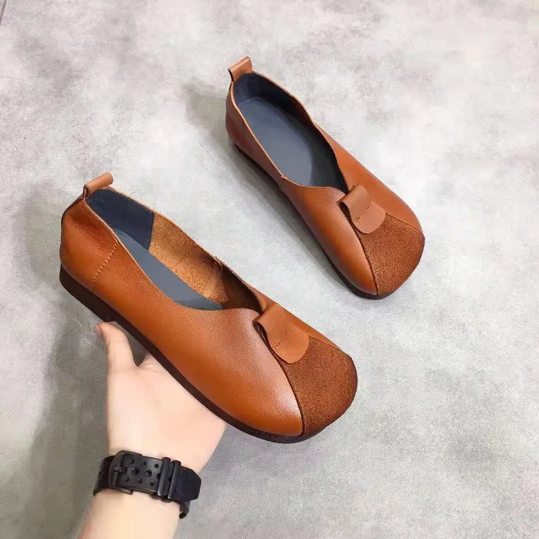 Wide Round Toe Granny Shoes Autumn Patched Mary Janes Shoes Ladies Retro Flats Mom Brown Retro Leather Loafers