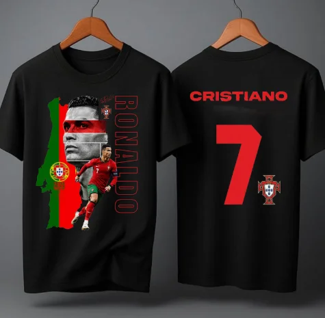 Mens White Black 3D Print Portugal Map Short Sleeve Tee, Parent Kid Matching Red No.7 Badge Family T-shirt For Daily Outside