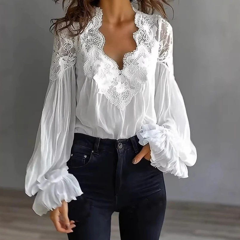 

Blouses Women Top Shirt Vintage V Neck Puff Sleeve Tops Sexy Lace Y2k Streetwear Causal Elegant Splice Shirts 2026 Spring