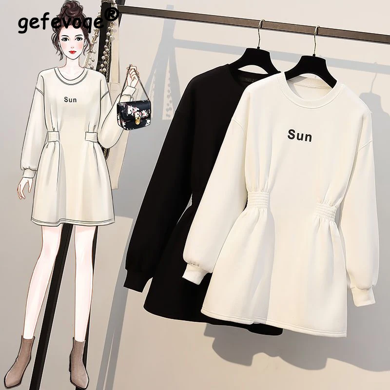 Women Korean Fashion Letter Print Elegant Chic Slim Sweatshirts 2023 Autumn Winter Female Casual Plush Thick Tunic Pullover Tops