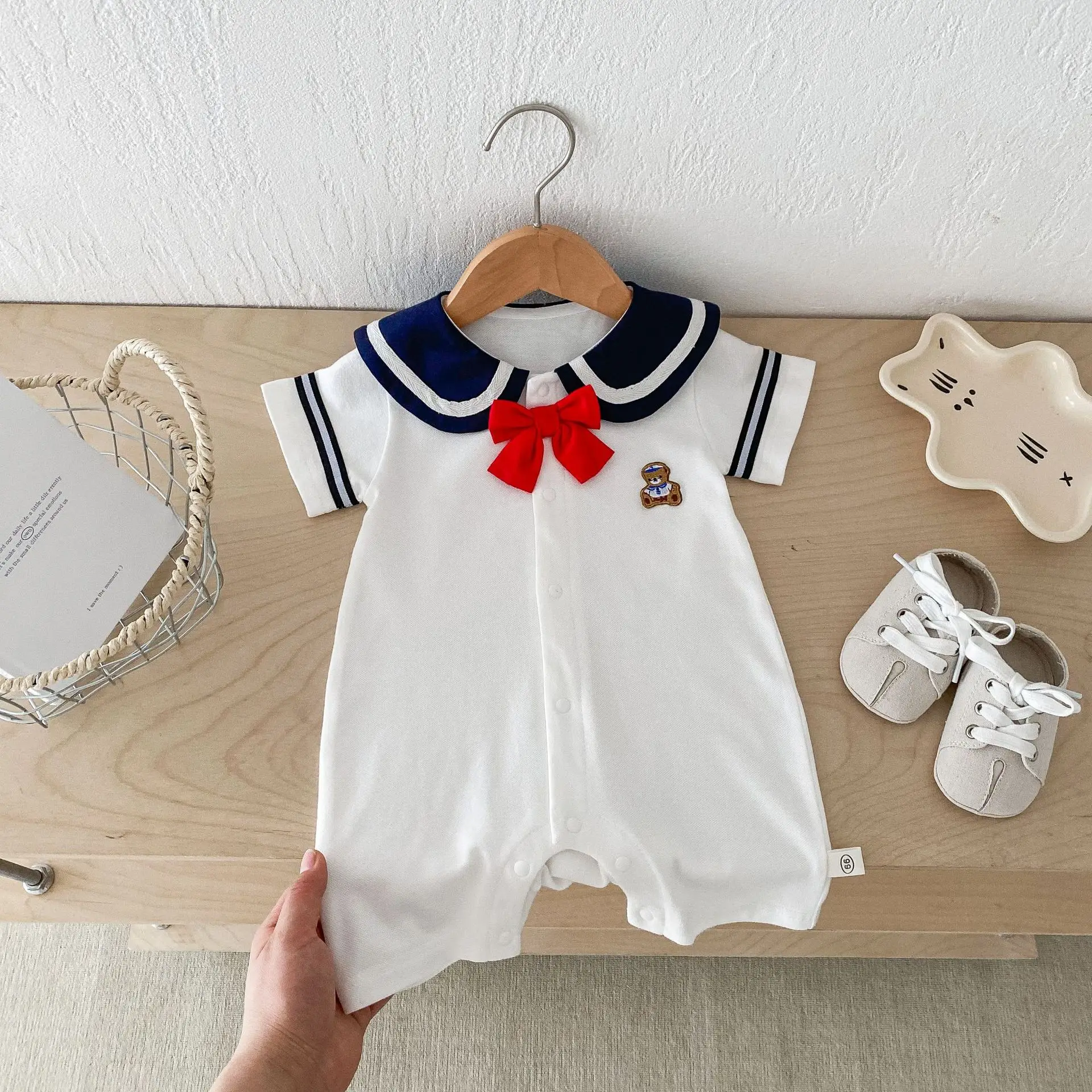 

Baby Navy Collar Romper 0-2 Years Old Summer Girls Bear Jumpsuit 2024