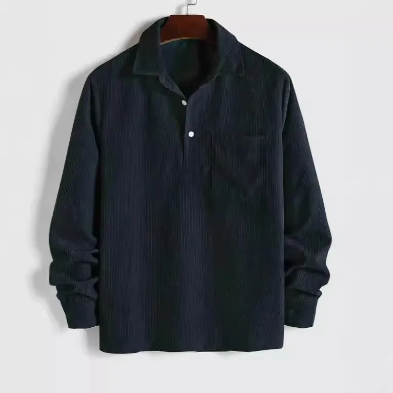 2026 Spring and Autumn New Men's Long Sleeve Corduroy Shirt Casual Striped Lapel Long Sleeve Henry Top