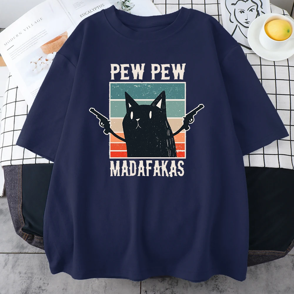 

Pew Madafakas Black Cat Print Male Cotton T-Shirts Vintage Creativity Short Sleeve Casual Oversize O-Neck Tops Mens Tee Clothing