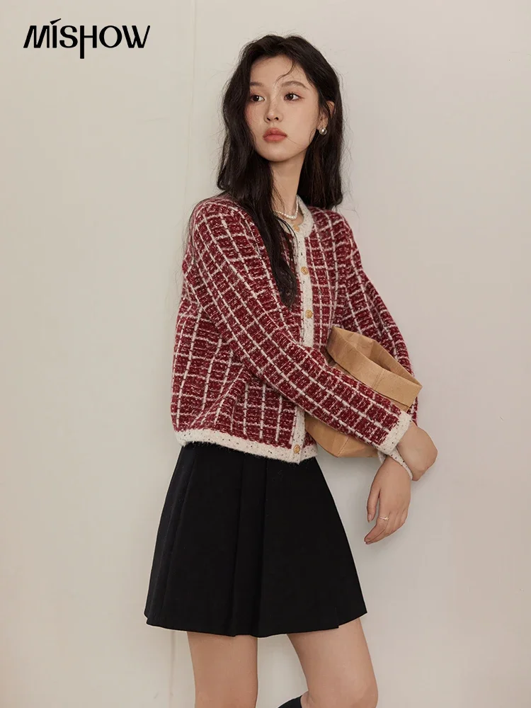 MISHOW Plaid Tweed Sweater Women Retro Red Contrast Color O-Neck Plaid Cardigan 2024 Autumn Winter Fashion Knitwear MXD34Z0937