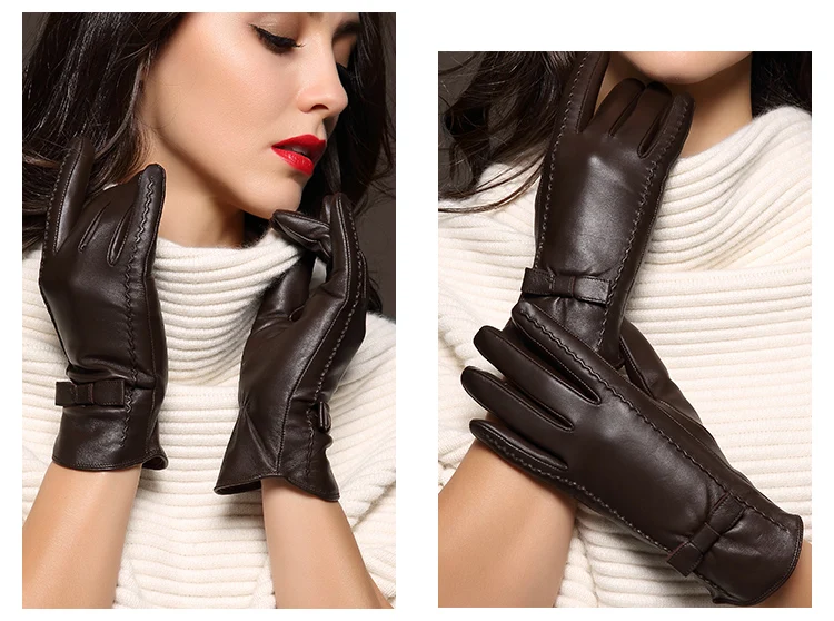 100% High Quality Real Leather Gloves Touch Screen Gloves Women Sheepskin Gloves Thicken Warm Brown Lady Warm Fleece Mittens