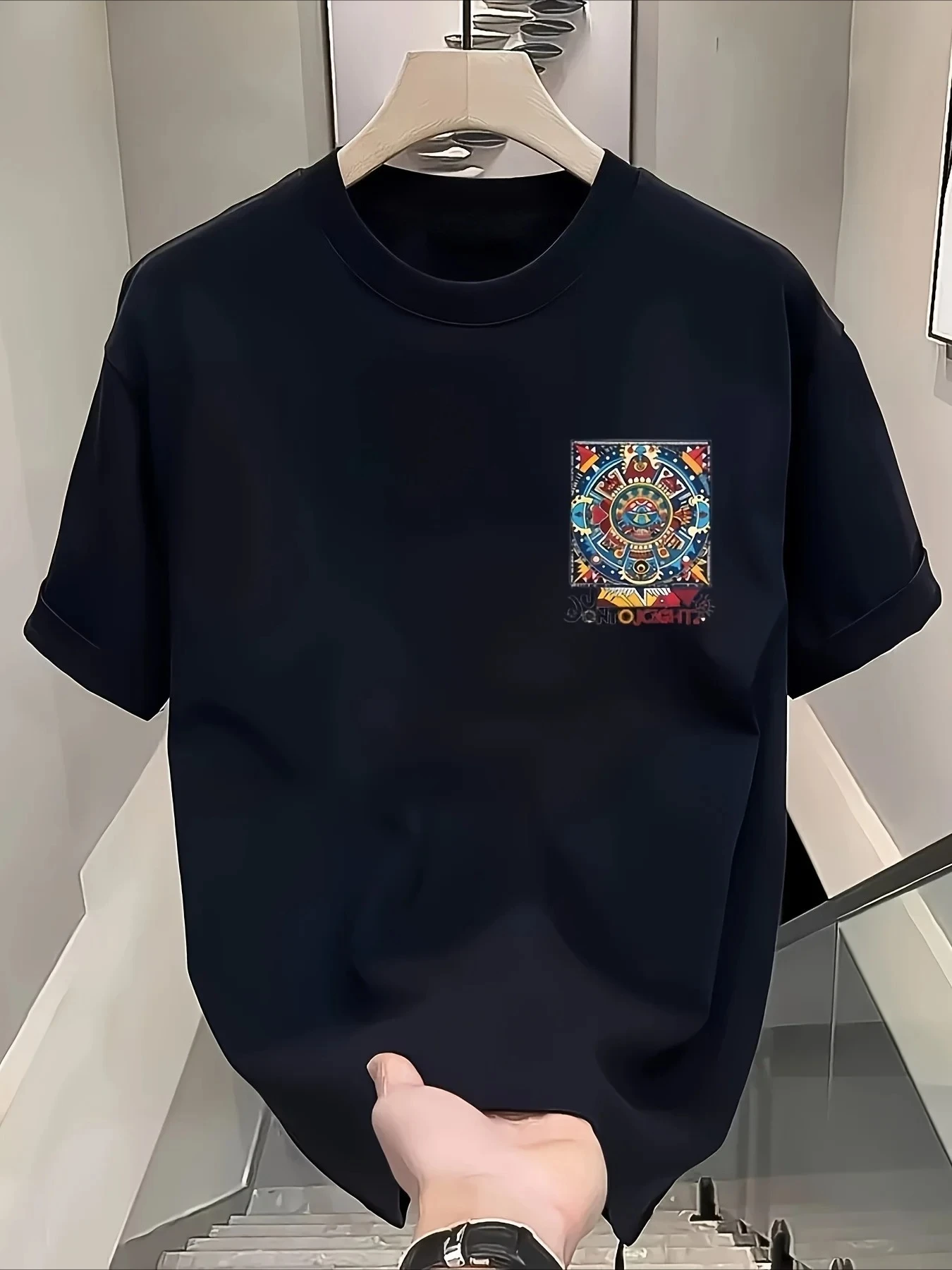 Aztec-Inspired Colorful Sun Calendar Graphic Tee with Tribal Art Cotton Men's T-shirt Summer Ethnic Mystical Casual Top