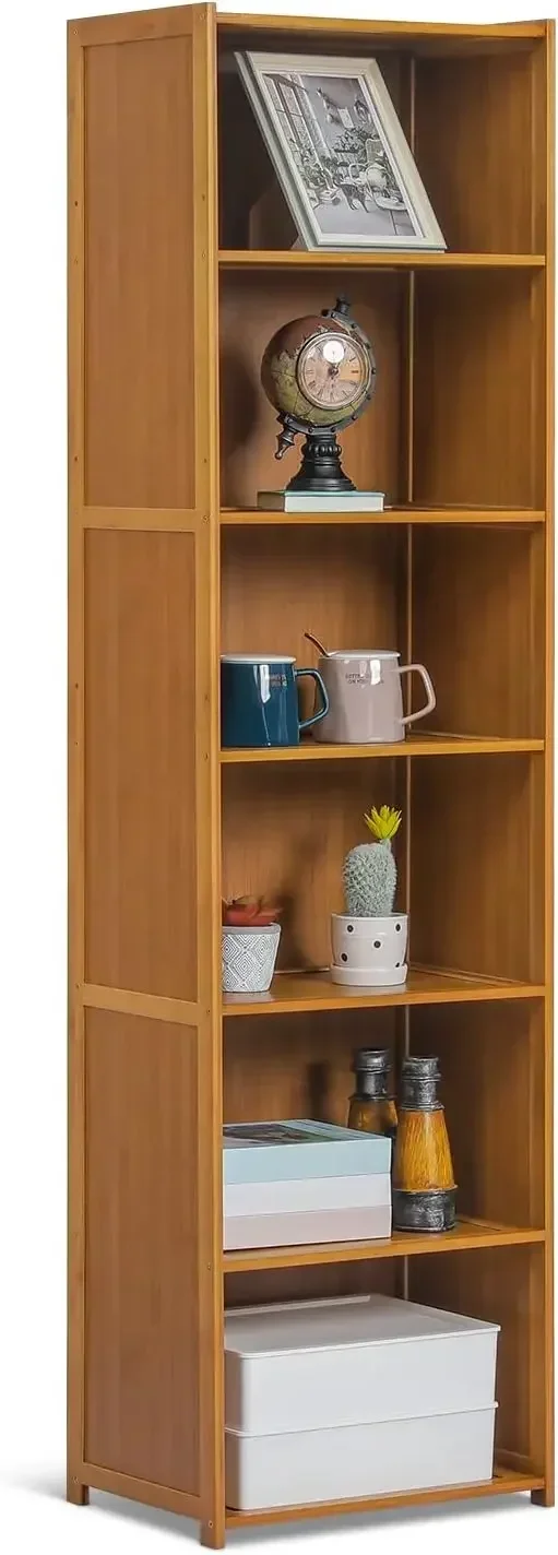 Narrow 6 Tier Bookcase, Bamboo Tall Freestanding Display Storage Shelves Collection Decor Furniture for Home Living Room Kitchen