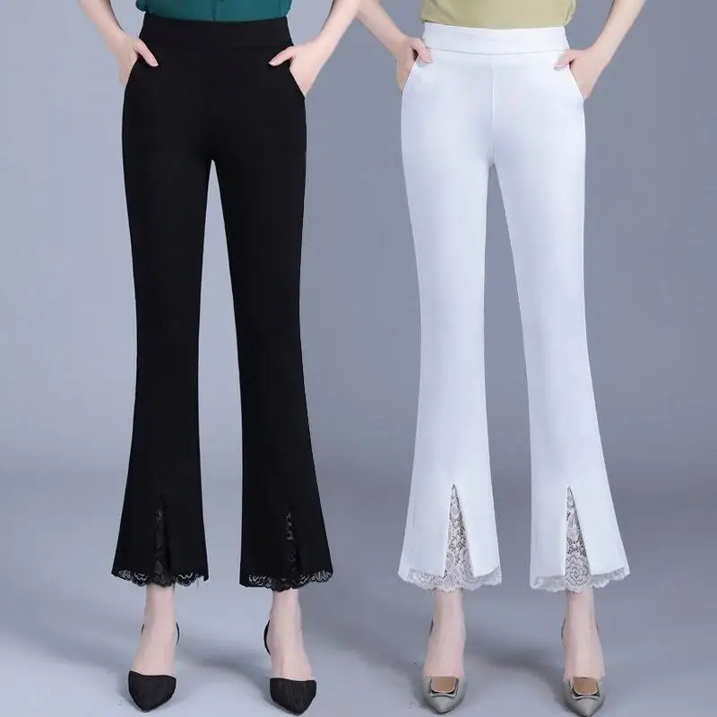 New Office Lady Lace Patchwork White Elastic Waist Casual Pants Summer Solid Women\'s Versatile Micro Flared Pants Women Clothing