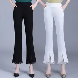 New Office Lady Lace Patchwork White Elastic Waist Casual Pants Summer Solid Women's Versatile Micro Flared Pants Women Clothing