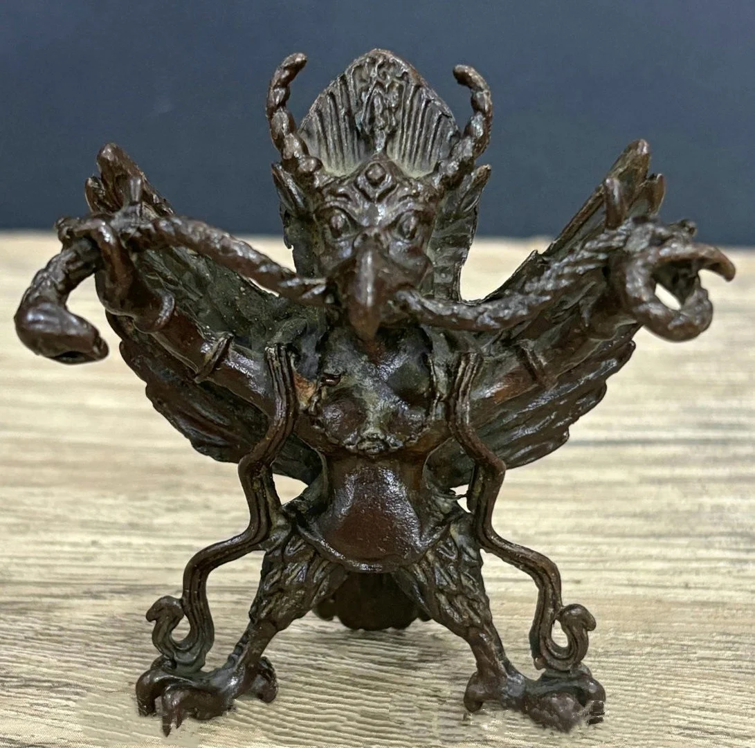 2.4" Old China Copper Carving Buddhism Winged Garuda Bird Redpoll Statue