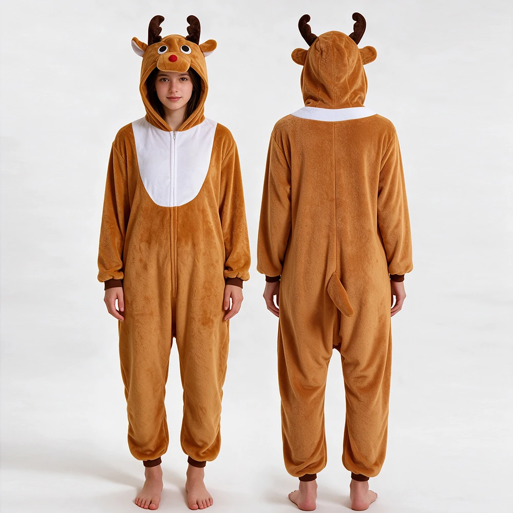 Onesie reindeer cartoon jumpsuit pajamas flannel animal shaped home clothes party cosplay role-playing clothes reindeer