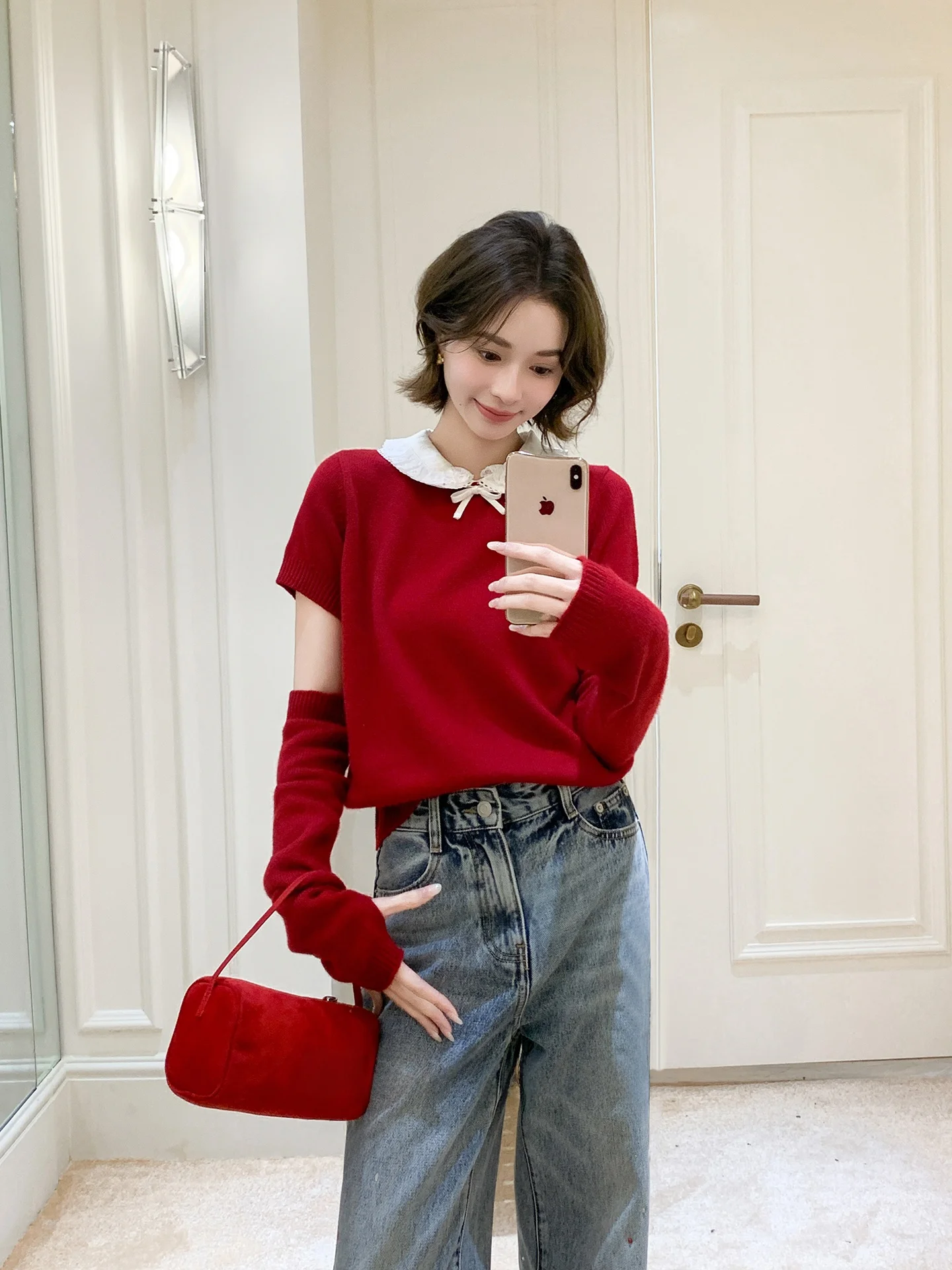 

Вязаный женский топ с кружевным воротником-куклой и отстегивающимися рукавами, двухцветный, из смесовой пряжи Red Lu Camere, повседневный, стандартный крой, для ранней весны