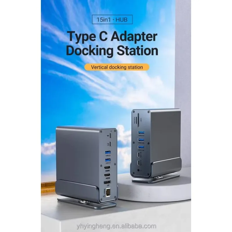 

2025 hot sale 15-in-1 Vertical Type-C Docking Station with 5 USB Ports, Dual HDTV, TF/SD, Triple PD Charging, RJ45, 3.5mm Audio,