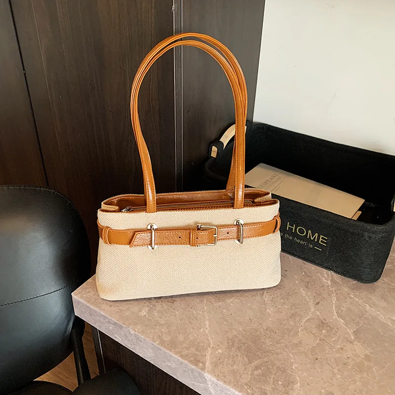 

2025 New Women's Canvas Bag -Viral Color-Block Retro Style Belt Buckle Design Versatile for Shoulder/Armpit/Handheld Commute Use
