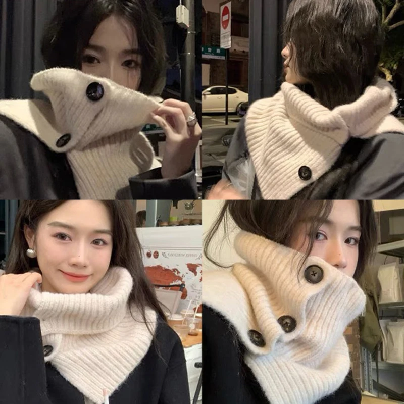 Winter Thicken Neck Warmer Cashmere Knitted Scarves Soft Pashmina Shawls Wraps Detachable Collar Female Retro Button Scarf