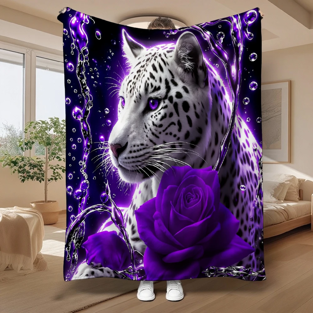 Purple Leopard Rose Art Throw Blanket Neon Glow Wild Animal Print Sofa Couch Cover Unique Home Decoration for Bedroom Leisure