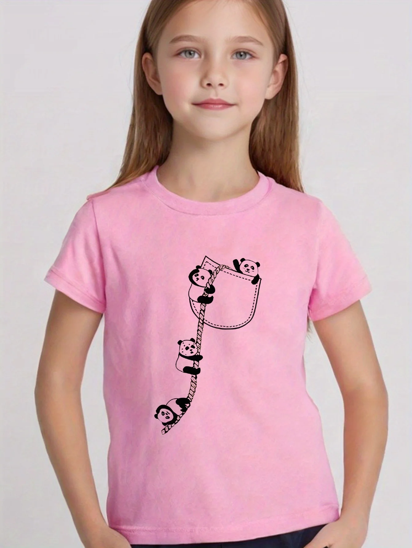 Kids Cute Pocket Rope Climbing Panda Black Line Graphic Tee Boys Girls Family Matching Short Sleeve Animal Casual Daily T Shirt