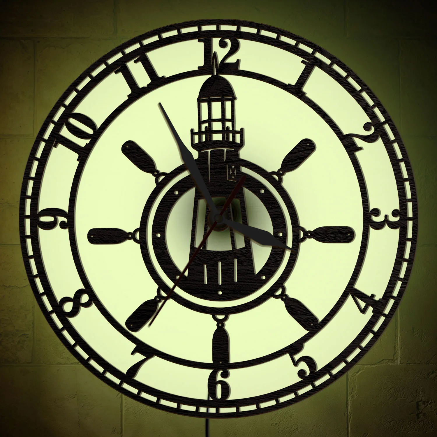 Lighthouse With Ship Wheel Wooden Wall Clock with LED Backlight Luminous Night Light Wall Clock For Coastal Nautical Home Cabin