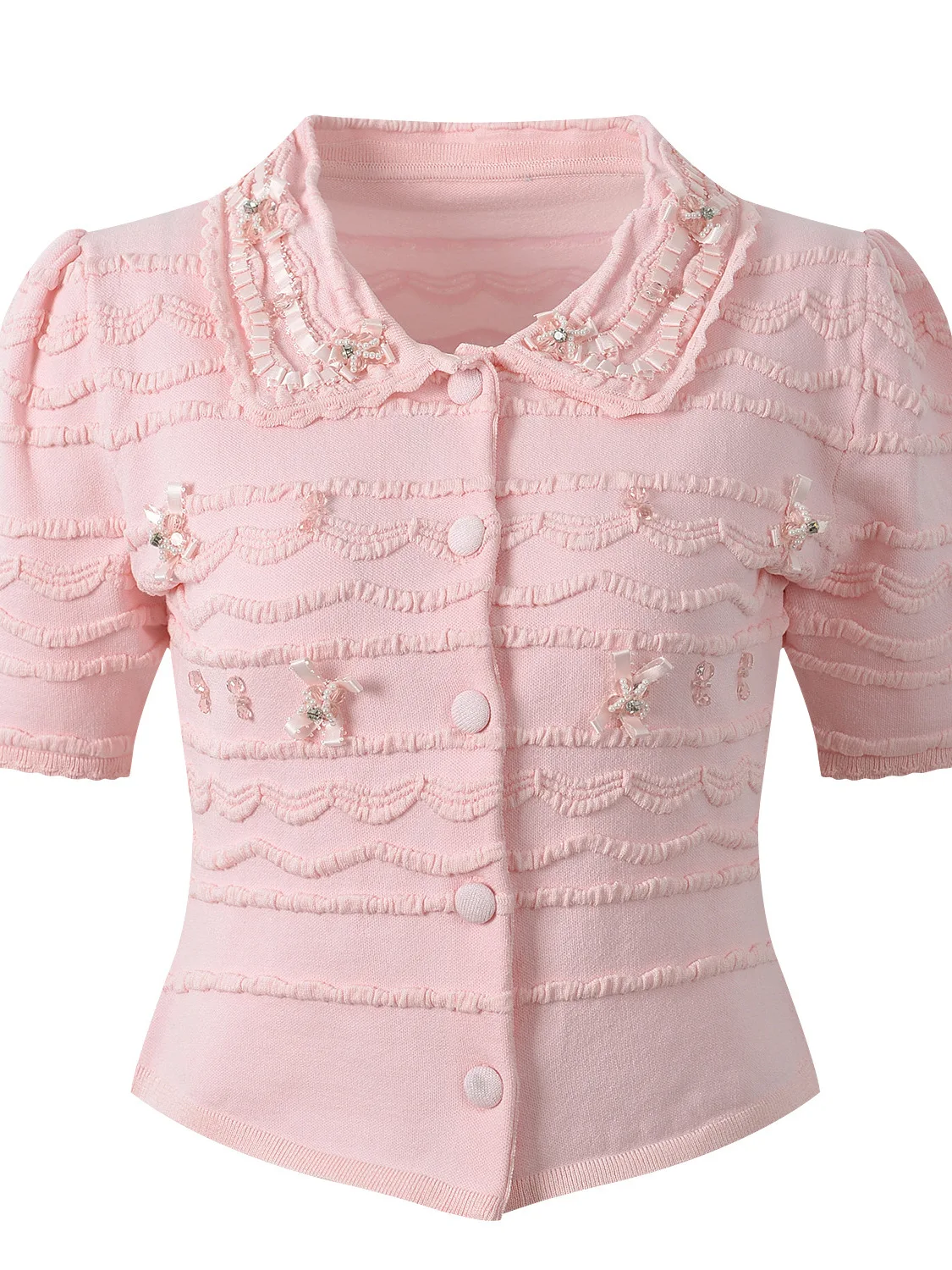 

Summer 2026 Sweet Ladylike Style Short Sleeve Knitted Doll Collar Cream Icing Bead Decorated Top Casual Bubble Sleeve Ice Silk