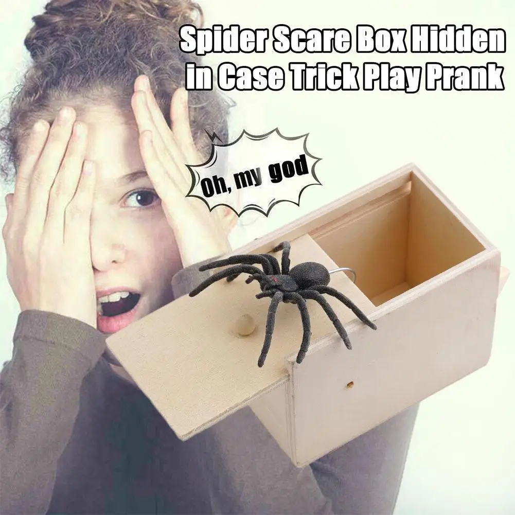 

Spider Prank Box Pop Out Rubber Spider Handmade Wood Scare Box Party Game Surprise Joke Funny Trick Toy for Kids Halloween Gift