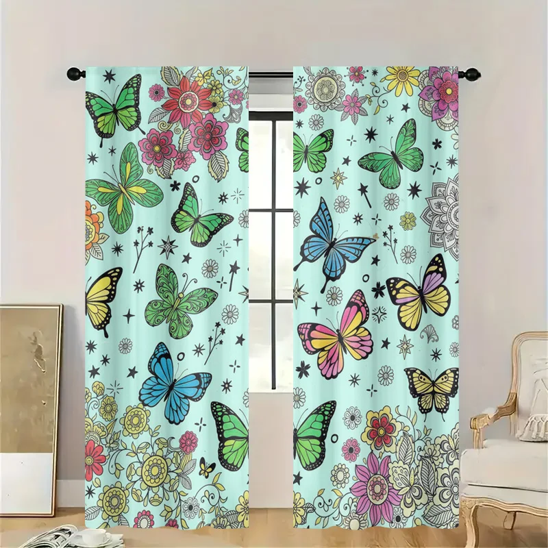 Butterfly Floral Print Semi Sheer Curtain Panel for Kitchen Bathroom Living Room Decorative Window Drapery Nature Garden Light F