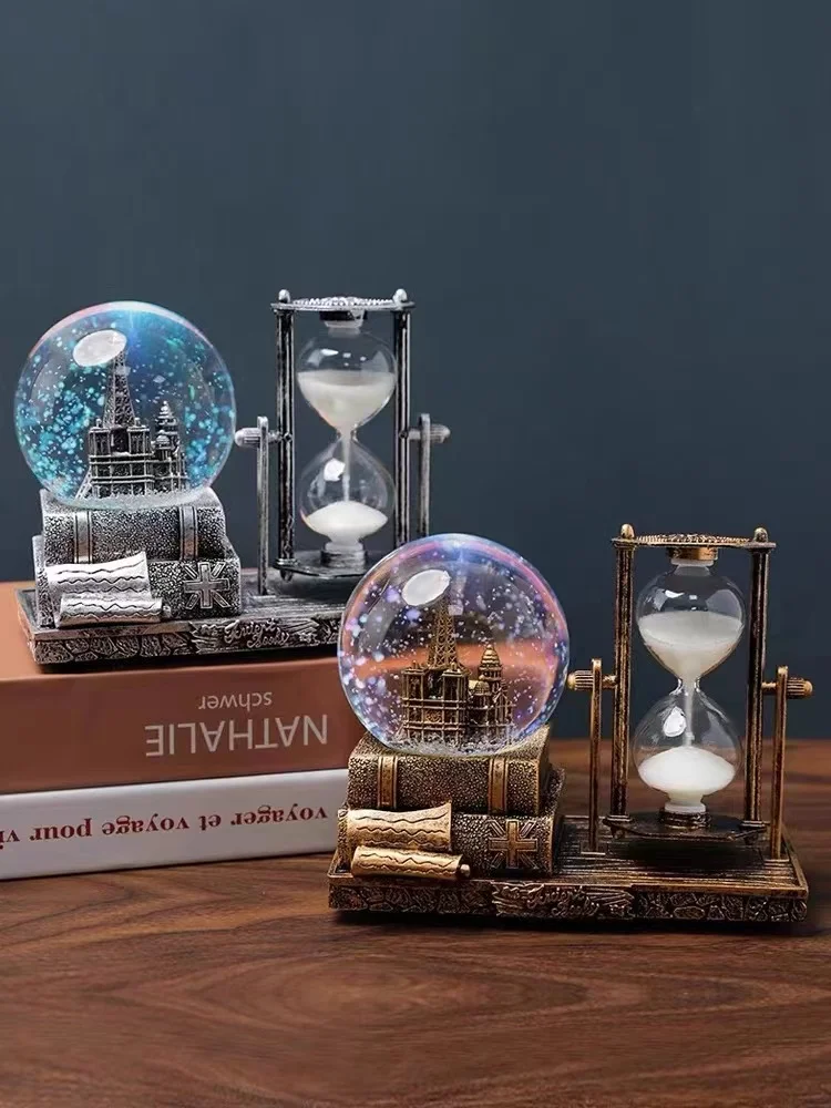 Time Crystal Ball Hourglass Antique Eiffel Tower Quicksand Luminous Snowball Crystal Ball Musical Box Desktop Decoration Gift