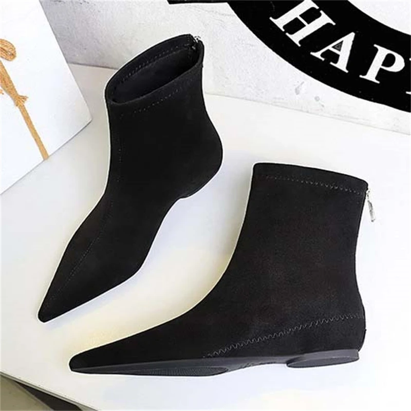 BIGTREE Herfst Winter Designer Puntschoen Enkellaarsjes Vrouwen Vintage Wiggen Hak Schoenen Beknopte KORTE Botas Zapatos De Mujer