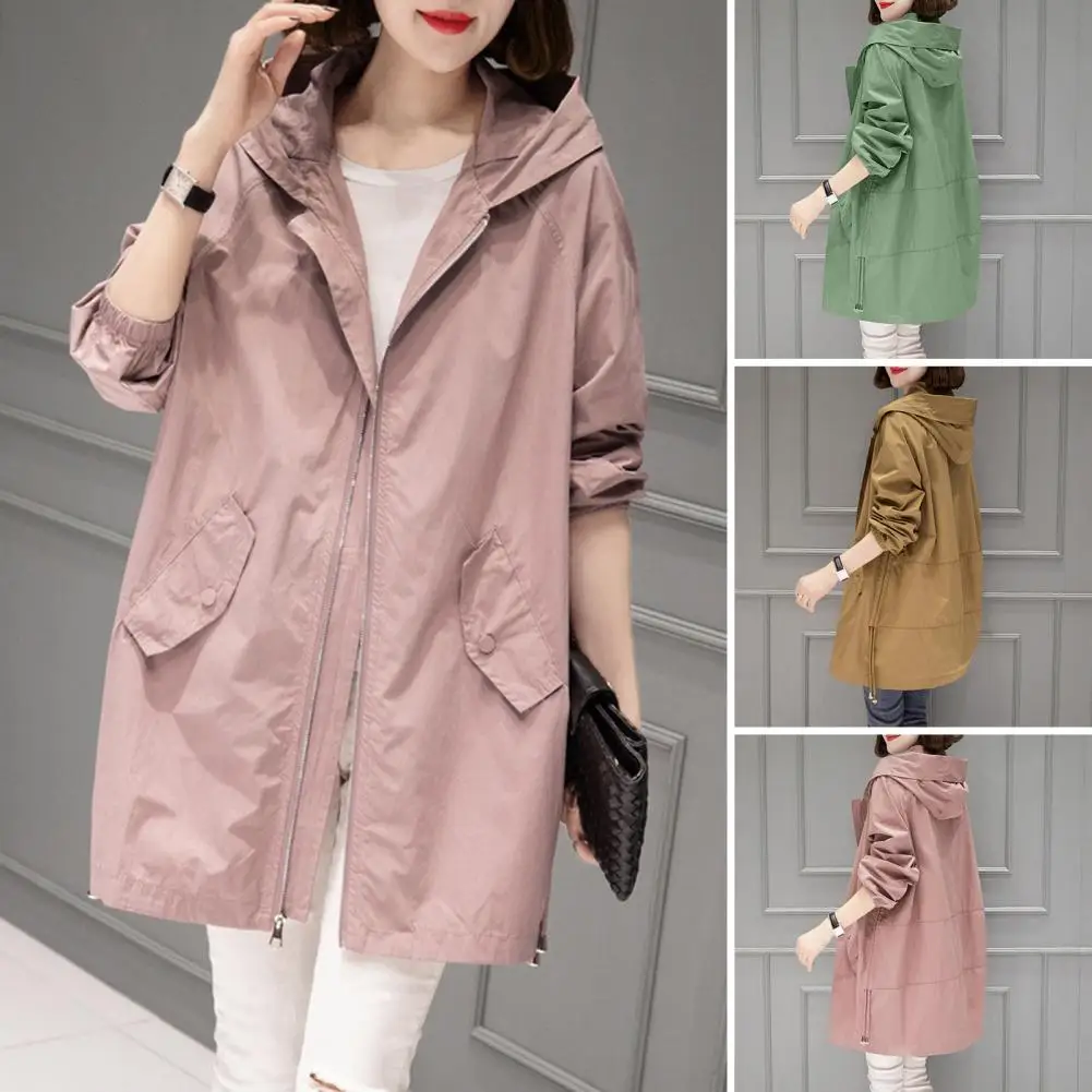 Hooded Jacket Stylish Hooded Mid-length Women's Coat with Drawstring Zip-up Closure Pockets for Fall Spring Daily Wear Outdoor