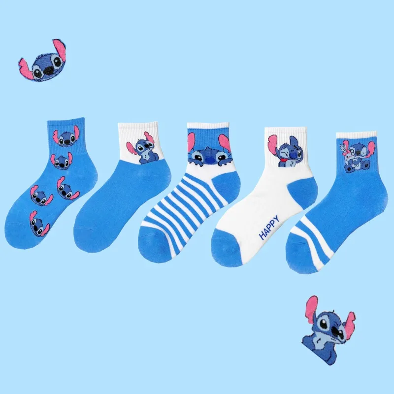 

5 Pairs Disney Stitch Girls Anime Socks Kawaii Lilo & Stitch woman mid-tube Socks Kawaii Cartoon Children Woman Socks Kids Gifts