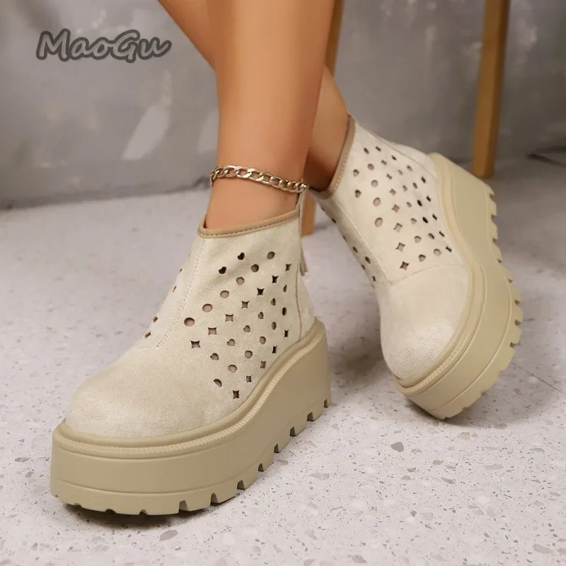 Nuevo 2025 Botas De verano para mujer, botines transpirables con punta redonda y parte inferior gruesa, botines cortos De moda, talla 35 42, Botas De Moda