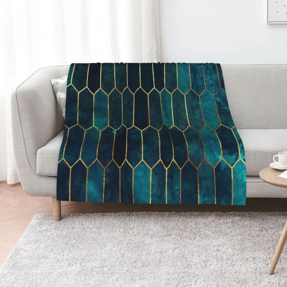 Deep Teal and Blue Gold Pattern Throw Blanket Cozy Napping Blanket Gift for Mom Dad