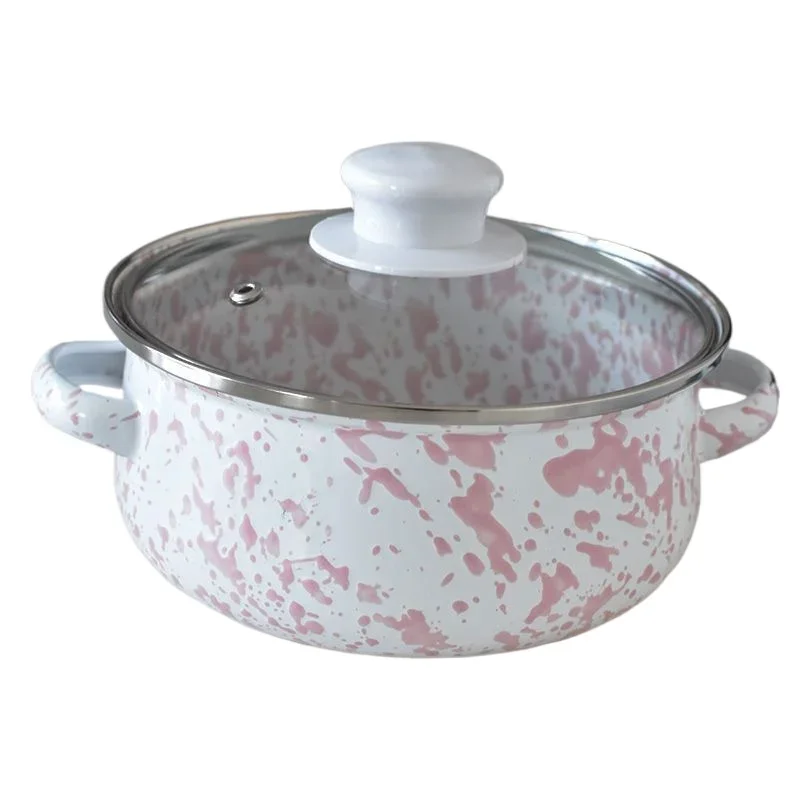 Vintage Enamel Cast Iron Soup Pot in Pink with Ink Splatter – Perfect for Dorm Room Noodles or Home Stews on An Induction or Gas