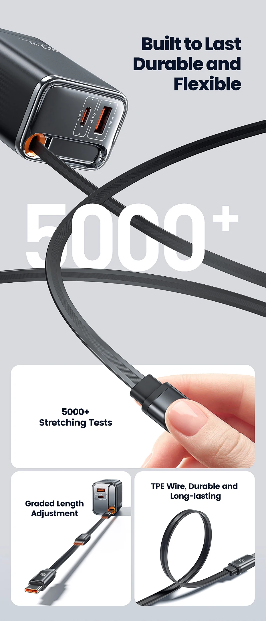 Toocki 67W GaN Ladegerät US-Stecker mit einziehbarem Typ-C-Kabel, Digitalanzeige, PPS PD3.0 Schnellladegerät für iPhone 17 16 Samsung S26 – Detail 4