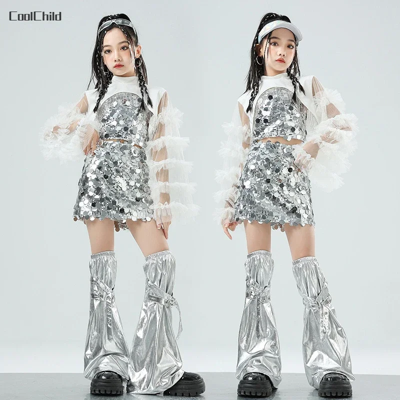 Girls Gauze Crop Top Street Dance Kids Sequin Skirts Hip Hop Jazz Silver Miniskirt Clothes Sets Child Streetwear K-pop Costumes