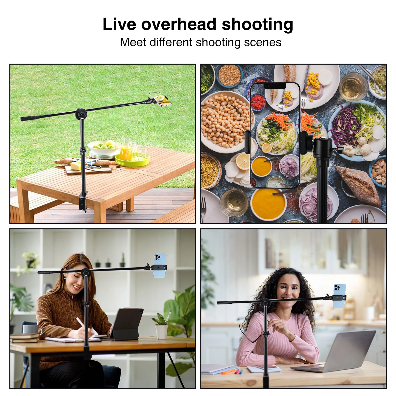 Overhead Desk Mount with Phone Holder Adjusted Table C-Clamp Bracket Holding Arm 360° Ball Head for Live Streaming