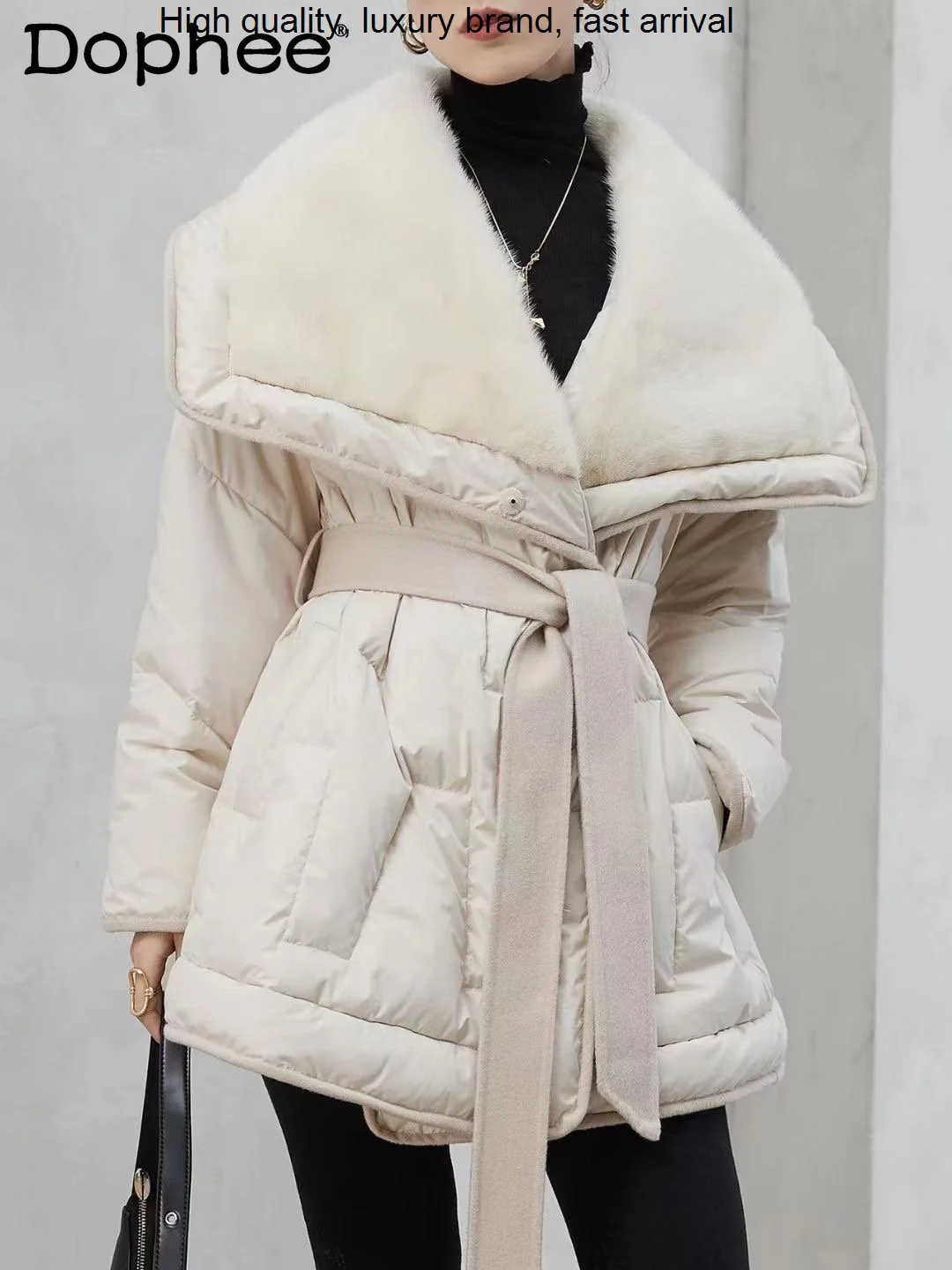 Down Cotton-Padded Warm for Women Autumn Winter Coat Luxury Plush Large Lapel Lace-up Waist High-End Bread Jacket