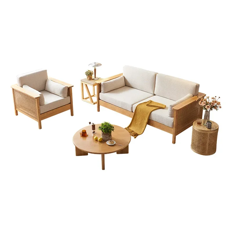 

New Chinese solid wood sofa combination household living room simple rattan so fa small apartment bed