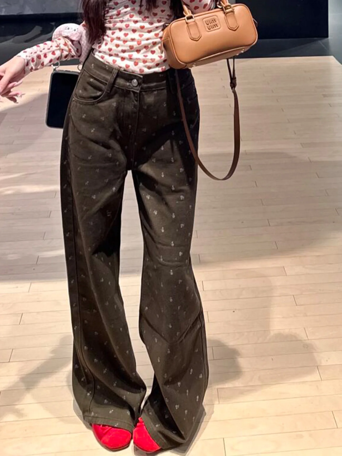 

Slimming Floral Print High Waist Wide Leg Jeans Women's Summer New Washed Narrow Version Lazy Style Retro BF Denim Pants