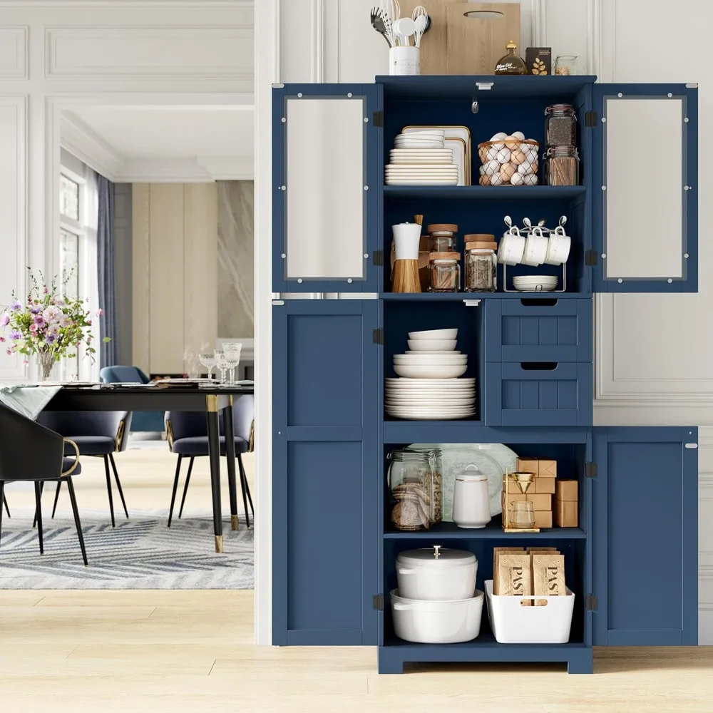 خزانة حمام بطول 67 بوصة مع أبواب زجاجية وأرفف قابلة للتعديل، وخزانة من الكتان ومخزن المطبخ مع درجين