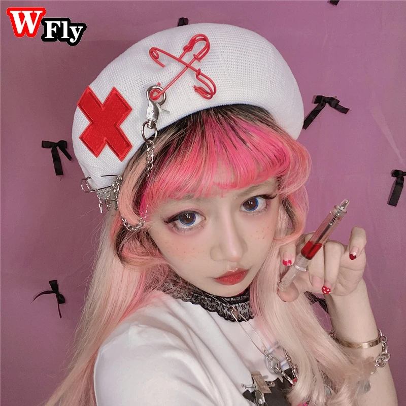 Y2K Gothic Lolita Women Punk Cross pin Cap Beret Japanese Harajuku Hot Girl Hip hop Cosplay Artist Hats beret cap Handmade